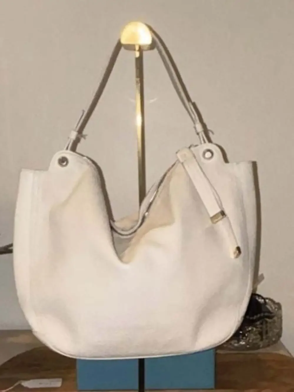 Furla White Pebbled Leather Hobo Shoulder Bag with Gold-Tone Hardware